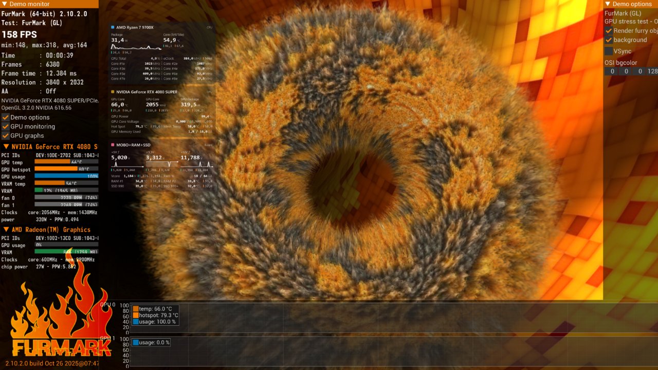 The widget overlaid on a GPU stress test, showing the graphics card at 319 watts, 66 degrees at the core and 79 degrees at the hot spot, next to the test’s own monitoring panel.