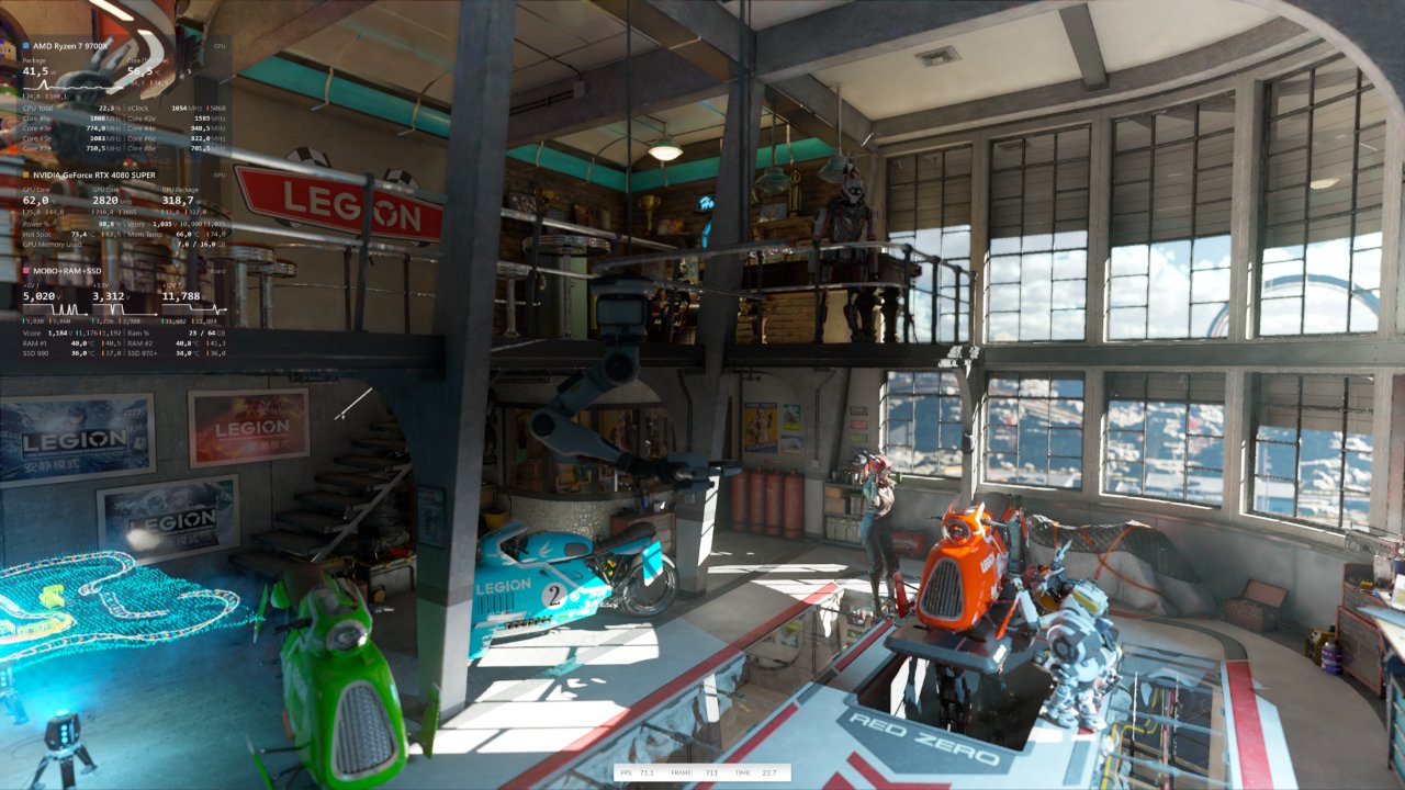 The widget pinned over a rendered 3D benchmark scene, showing a CPU card, a GPU card and one card merging the motherboard, memory and drives.