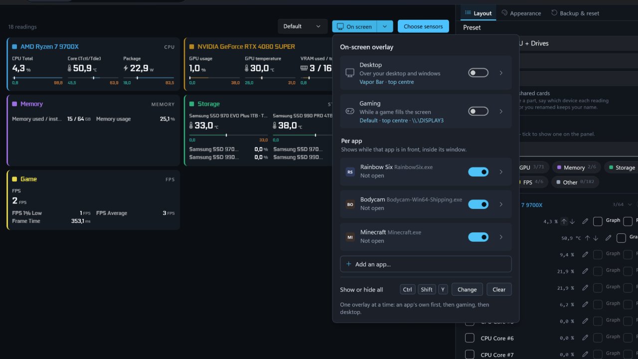 The On-screen overlay menu open over the panel's cards, with switches for Desktop and Gaming and a per-app list holding Rainbow Six, Bodycam and Minecraft, plus a show-or-hide shortcut of Ctrl, Shift and Y.