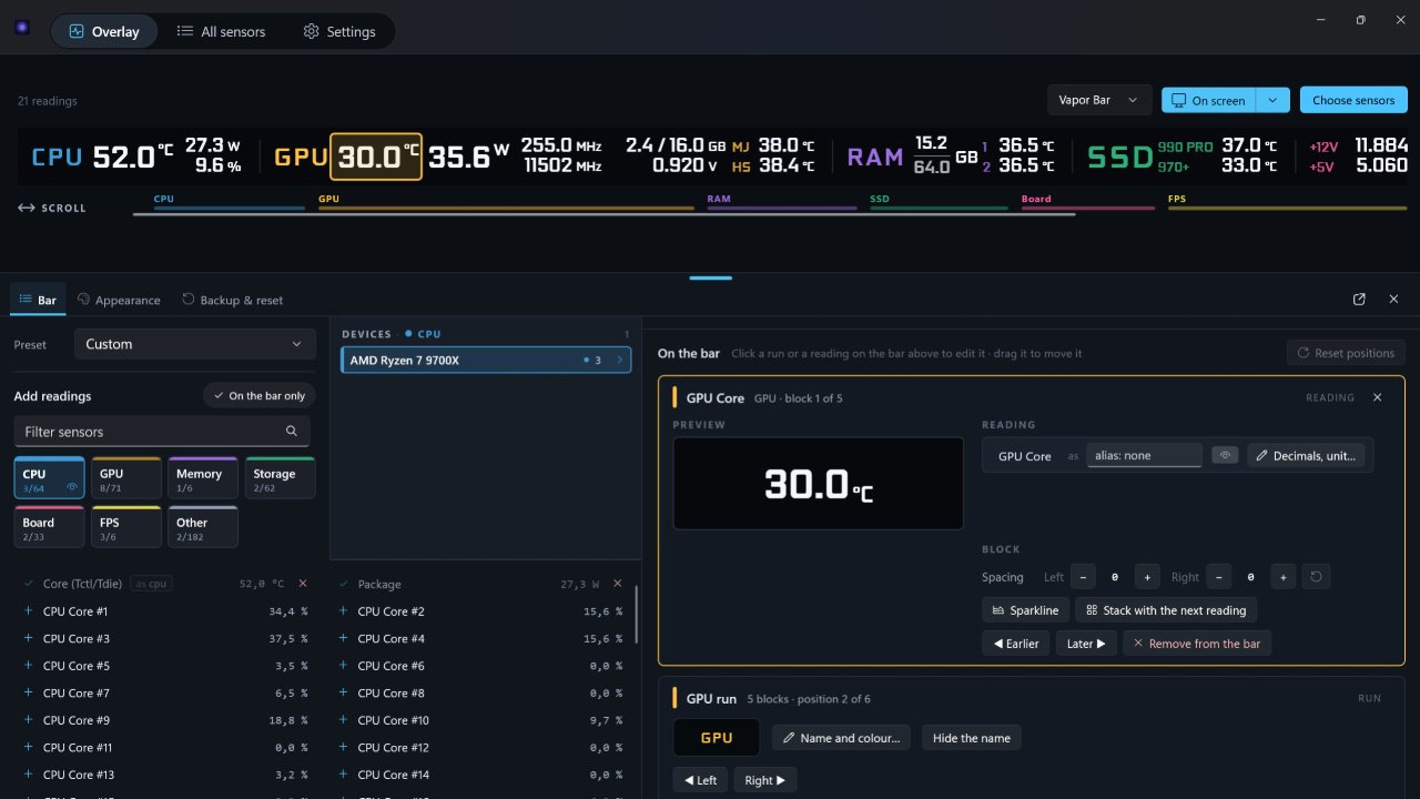 The Overlay tab showing the Vapor Bar: CPU, GPU, RAM and SSD readings in one row, and below it the Choose sensors pane with the GPU core temperature selected, its preview, spacing and sparkline options.