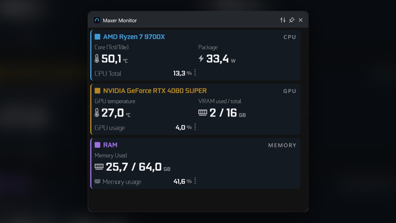 A short Maxer Monitor panel with three cards - processor, graphics card and memory - each showing two large readings and one smaller one below them.