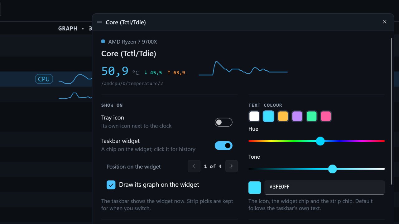 The options panel for the processor's core temperature, open beside the All sensors list: its current value and graph, switches for the tray icon and the taskbar widget, and a colour picker set to cyan with hue and tone sliders.