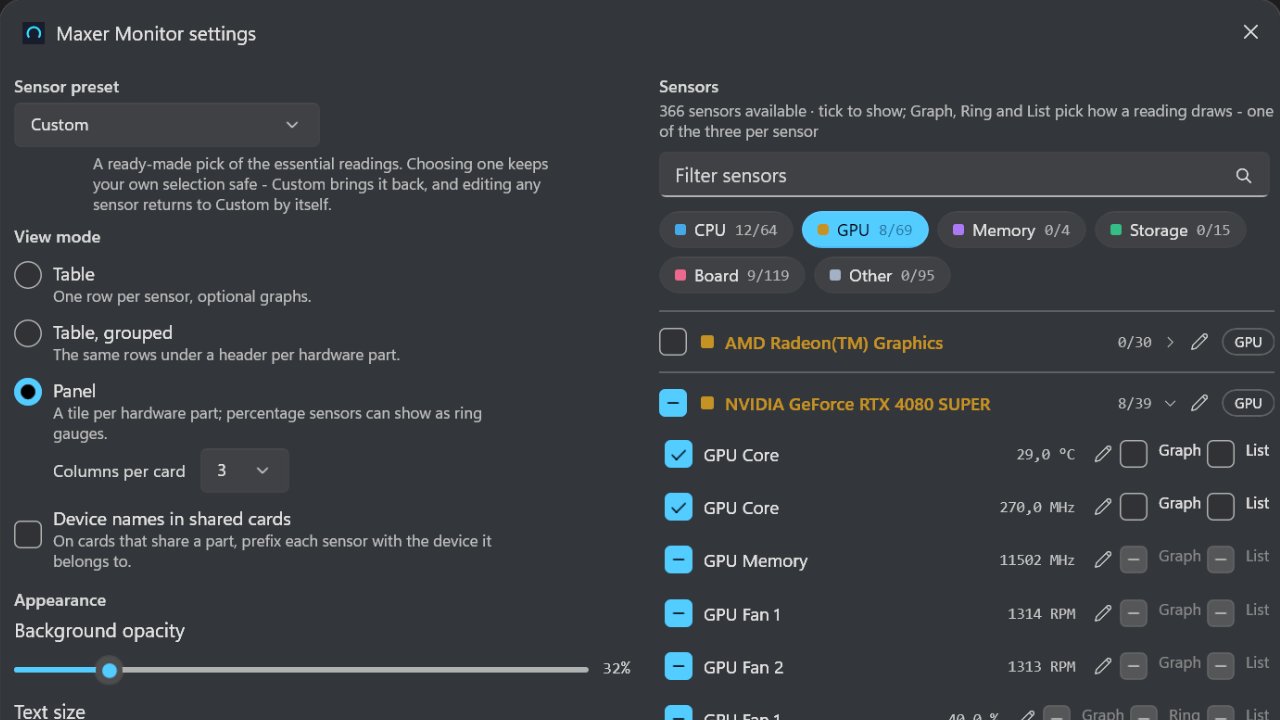 The widget's settings, listing 366 available sensors grouped by CPU, GPU, memory, storage and board, each with show, graph and ring options.